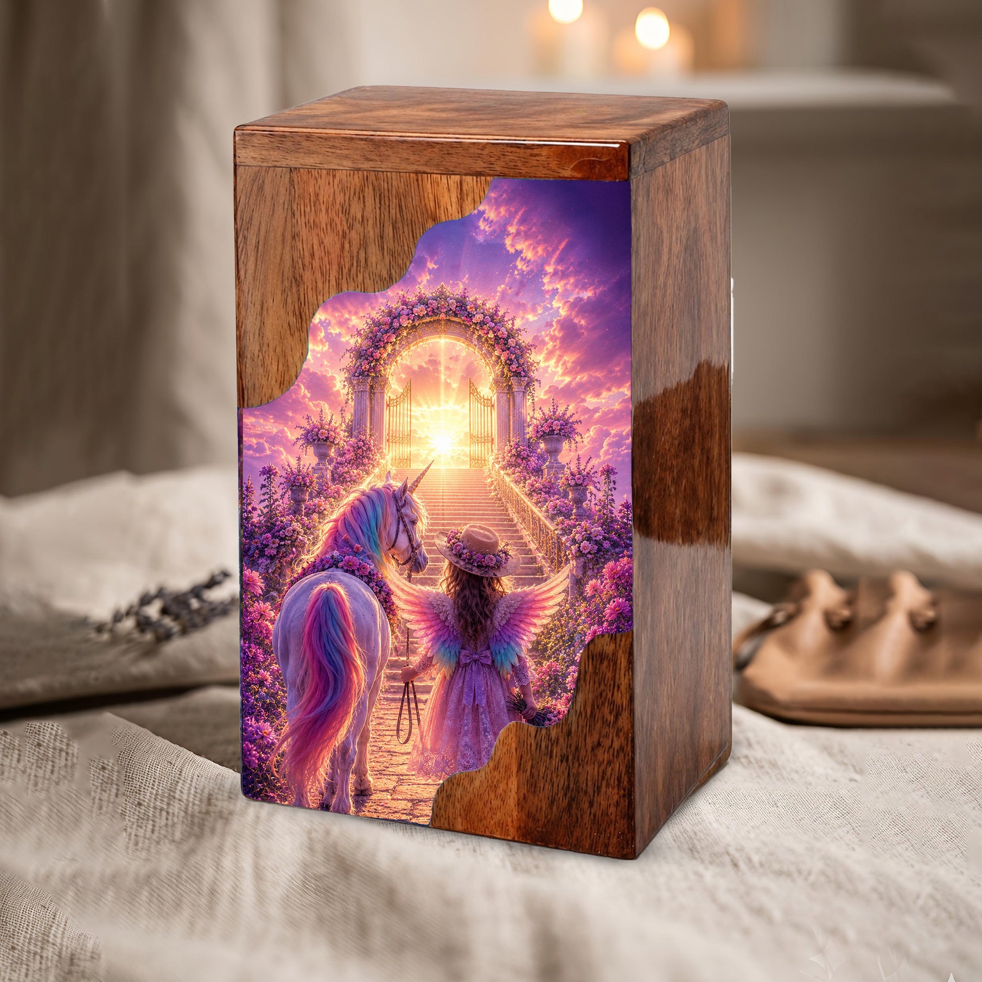 Angel Heaven Gate Wooden Cremation Urn – Heavenly Garden Memorial Wooden Urn for Human Ashes