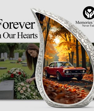 Classic Car Personalized Cremation Urn for Dad – Teardrop Style Aluminum Memorial Urn, 10 Inch