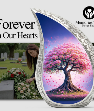 Tree of Life Personalized Cremation Urn – Teardrop Style Aluminum Memorial Urn, 10 Inch