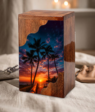 Beach Wooden Cremation Urn for Human Ashes | Tropical Sunset Memorial Urn