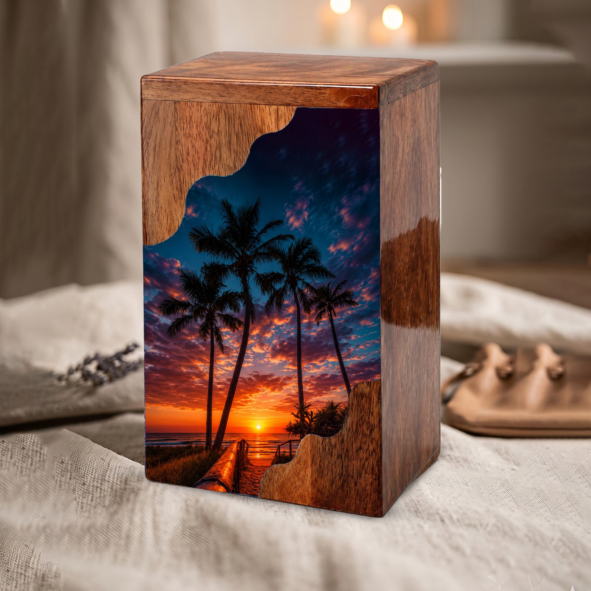 Beach Wooden Cremation Urn for Human Ashes | Tropical Sunset Memorial Urn