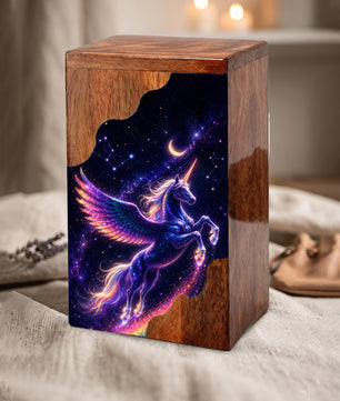 Celestial Pegasus Unicorn Wooden Cremation Urn – Personalized Memorial Urn for Human Ashes