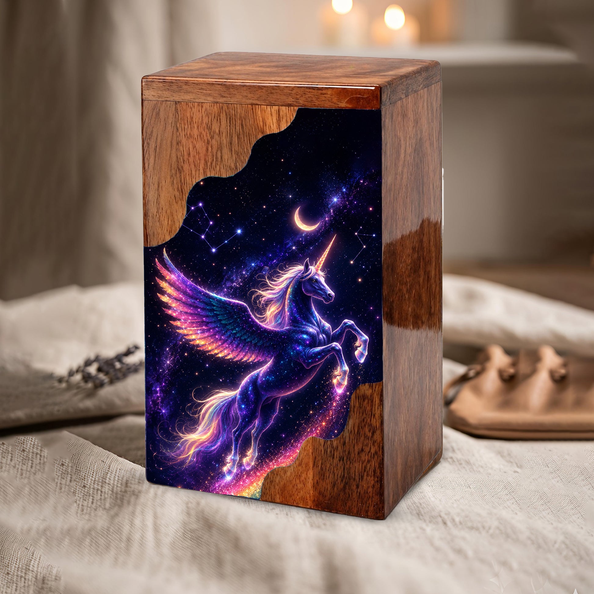 Celestial Pegasus Unicorn Wooden Cremation Urn – Personalized Memorial Urn for Human Ashes