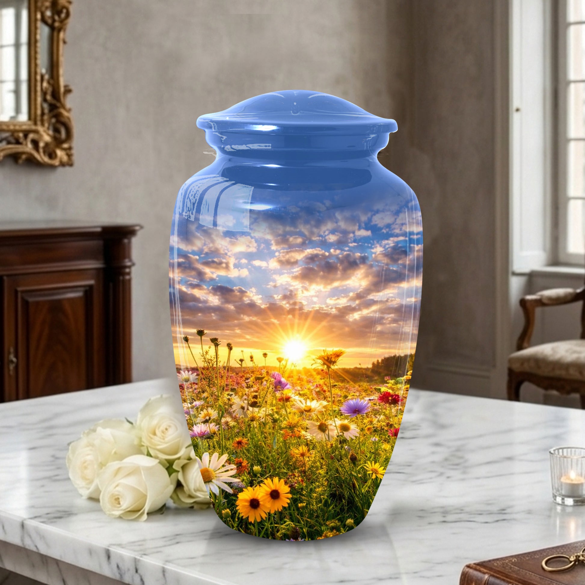 Wildflower Sunset Urn for Mom | Beautiful Cremation Large Urn for Women  | Floral Funeral Keepsake for Ashes