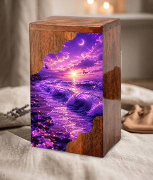 Moonlit Ocean Butterfly Wooden Cremation Urn – Beach Theme Wooden Urn for Human Ashes