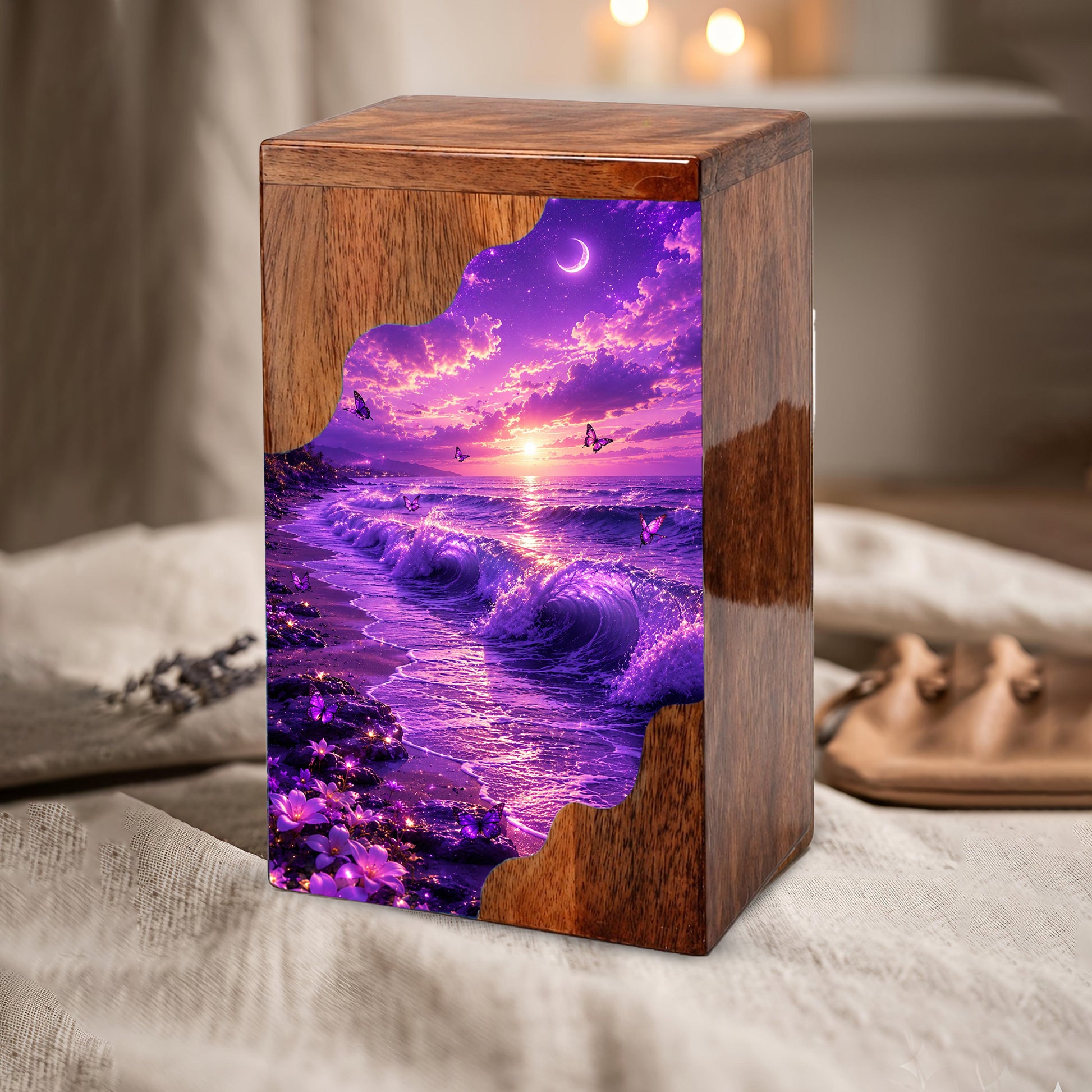 Moonlit Ocean Butterfly Wooden Cremation Urn – Beach Theme Wooden Urn for Human Ashes