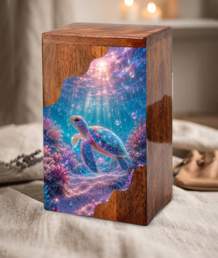 Sea Turtle Underwater Wooden Cremation Urn – Personalized Memorial Urn for Human Ashes