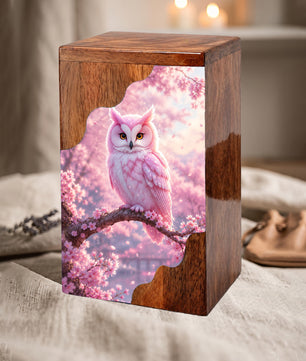 Pink Owl Wooden Cremation Urn – Cherry Blossom Memorial Urn