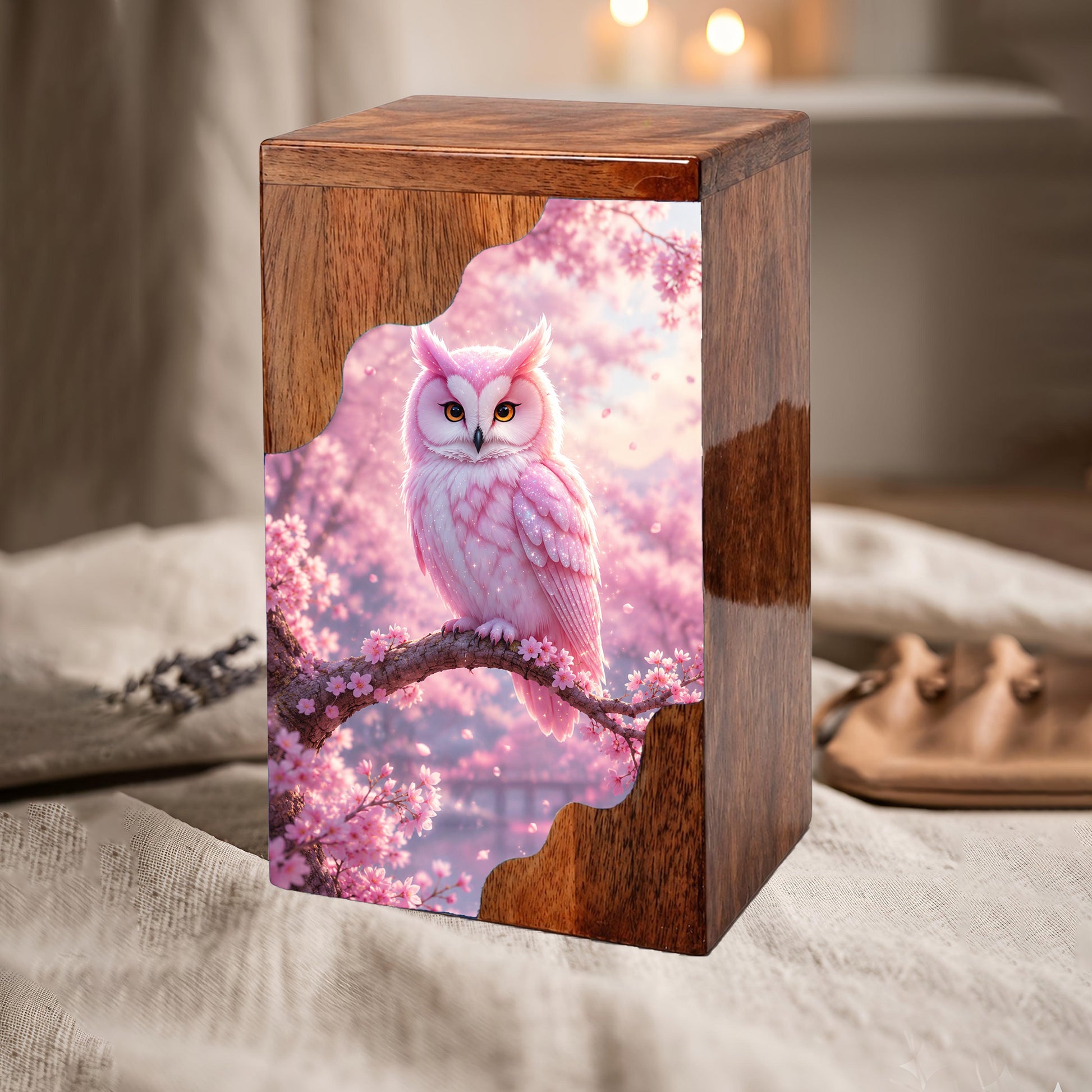 Pink Owl Wooden Cremation Urn – Cherry Blossom Memorial Urn
