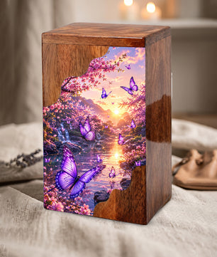 Purple Butterfly Wooden Cremation Urn – Floral Waterfall Memorial Urn for Human Ashes