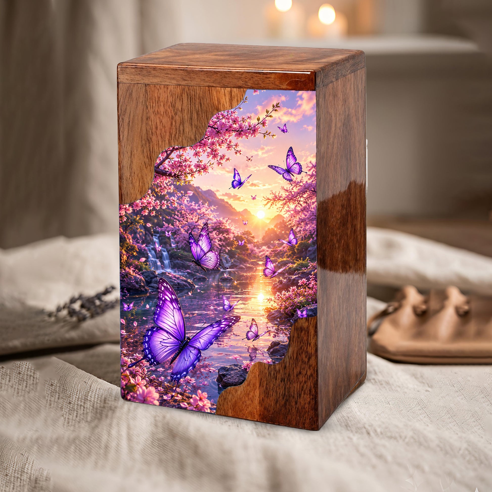 Purple Butterfly Wooden Cremation Urn – Floral Waterfall Memorial Urn for Human Ashes