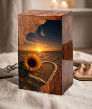 Sunflower Beach Wooden Cremation Urn for Mom | Personalized Memorial Urn for Human Ashes