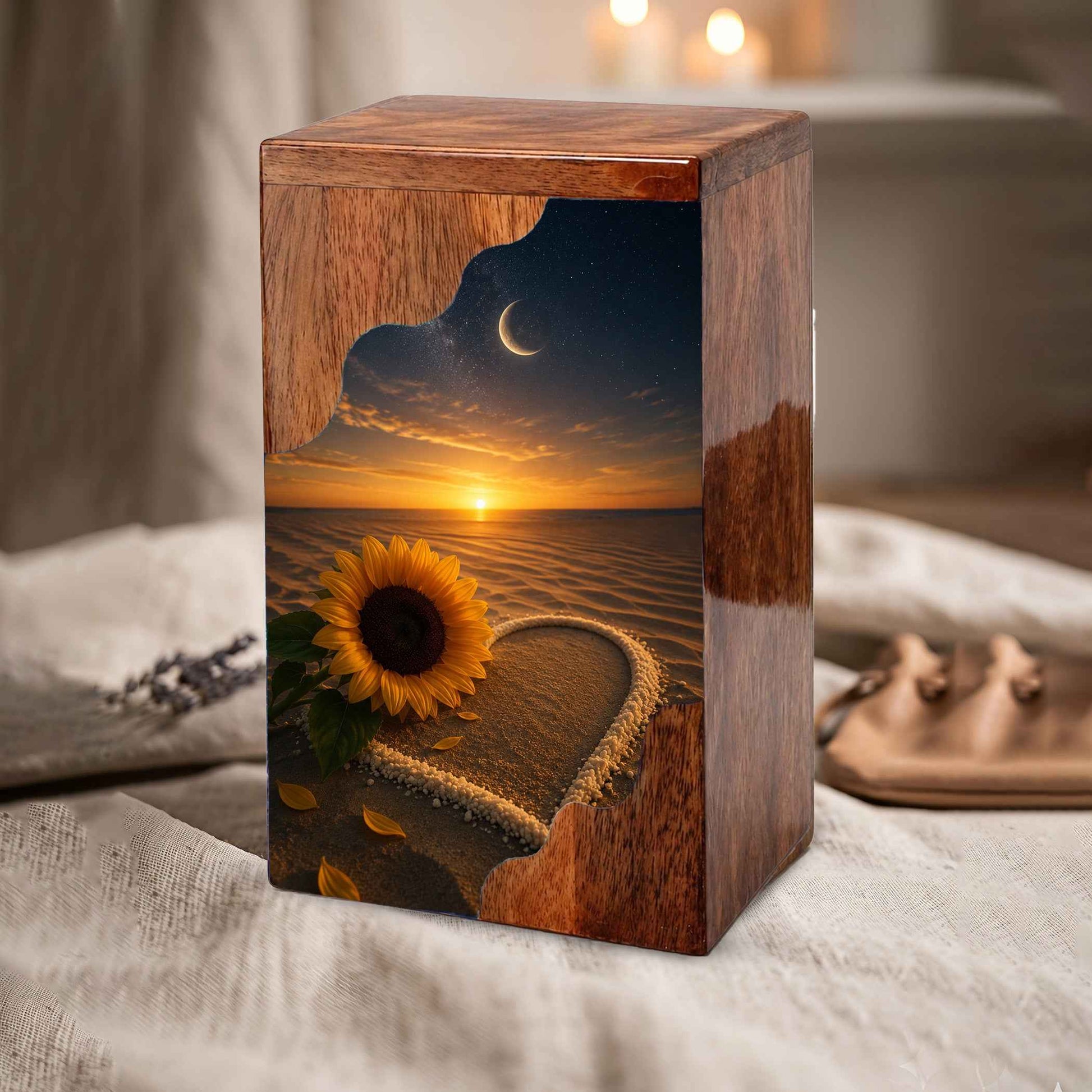Sunflower Beach Wooden Cremation Urn for Mom | Personalized Memorial Urn for Human Ashes