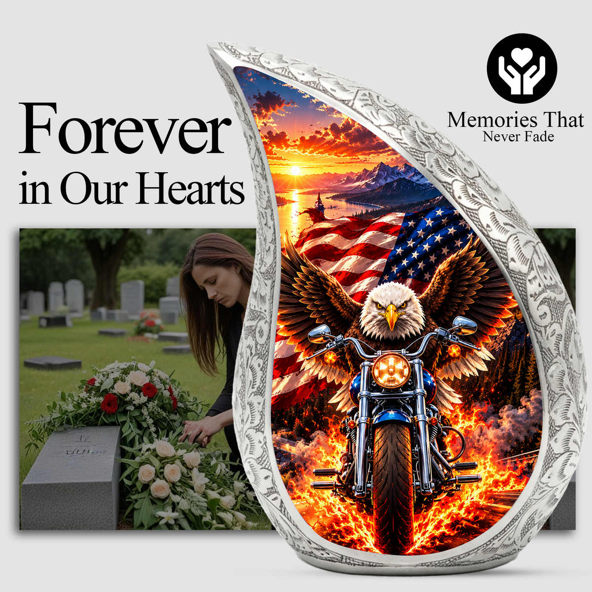 Patriotic Eagle Motorcycle Urn for Human Ashes, American Flag Adult Cremation Urn