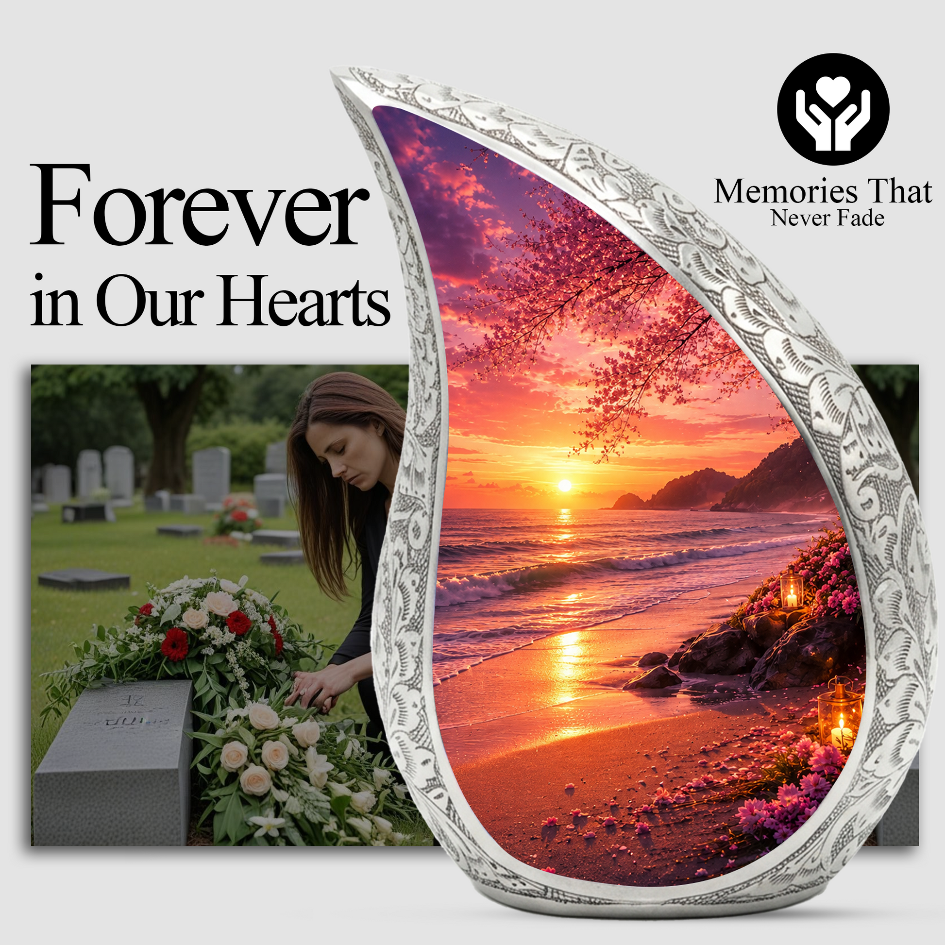 Ocean Beach Sunset Urn for Human Ashes | Beach Cremation Urn with Palm Tree