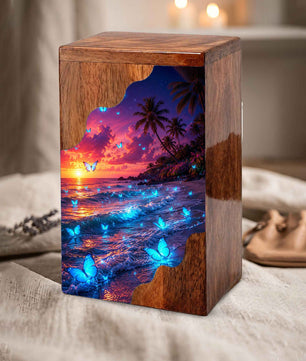 Butterfly Beach Wooden Cremation Urn – Sunset Ocean Memorial Urn for Mom
