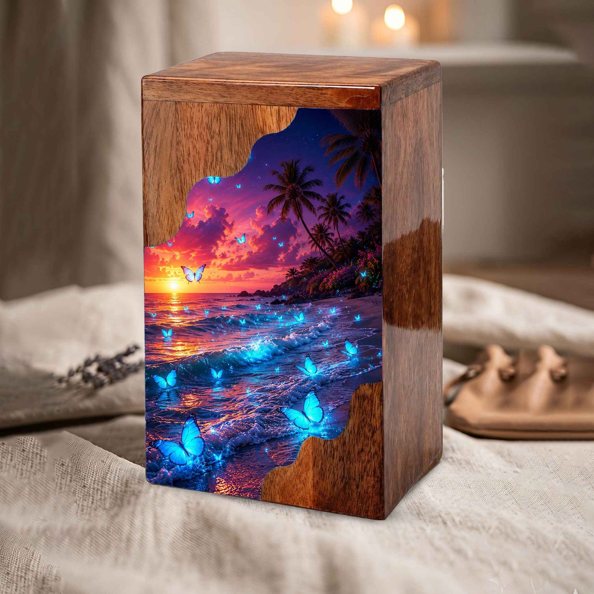 Butterfly Beach Wooden Cremation Urn – Sunset Ocean Memorial Urn for Mom