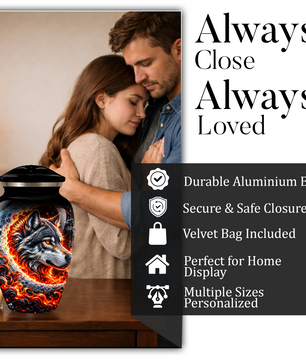 Personalized Wolf Cremation Urn for Ashes, Fiery Wolf Adult Memorial Urn,  Custom Adult Urn
