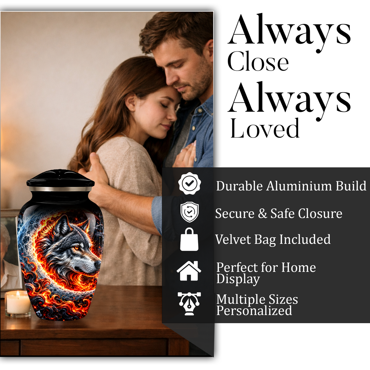 Personalized Wolf Cremation Urn for Ashes, Fiery Wolf Adult Memorial Urn,  Custom Adult Urn