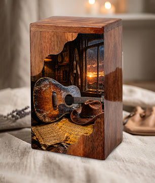 Music Wooden Cremation Urn – Guitar Memorial Urn | Rustic Wooden Urn for Human Ashes