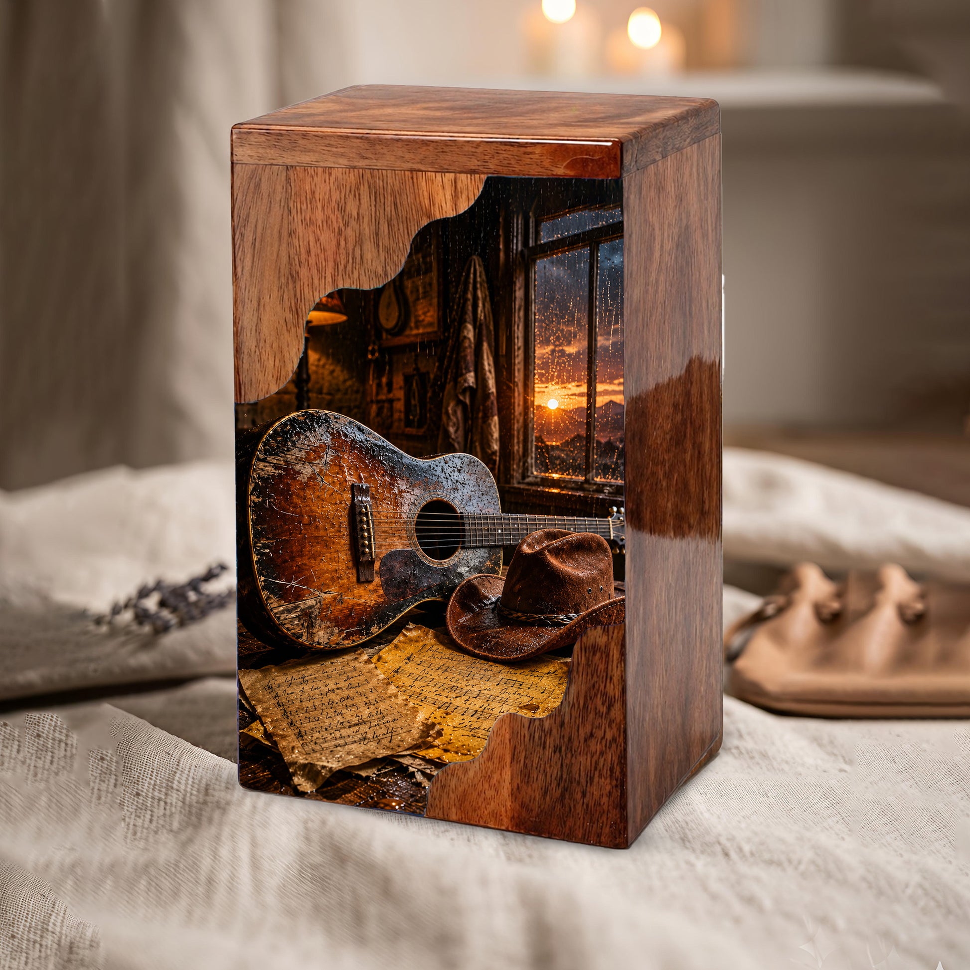 Music Wooden Cremation Urn – Guitar Memorial Urn | Rustic Wooden Urn for Human Ashes