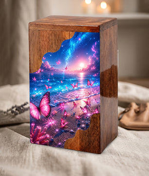 Celestial Butterfly Wooden Cremation Urn – Butterfly Memorial Urn for Human Ashes