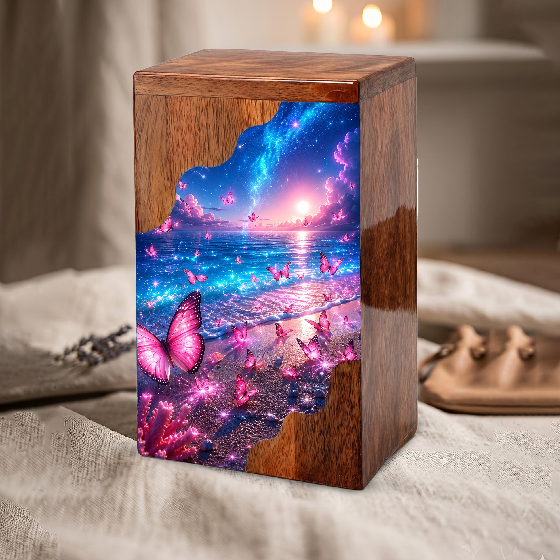 Celestial Butterfly Wooden Cremation Urn – Butterfly Memorial Urn for Human Ashes