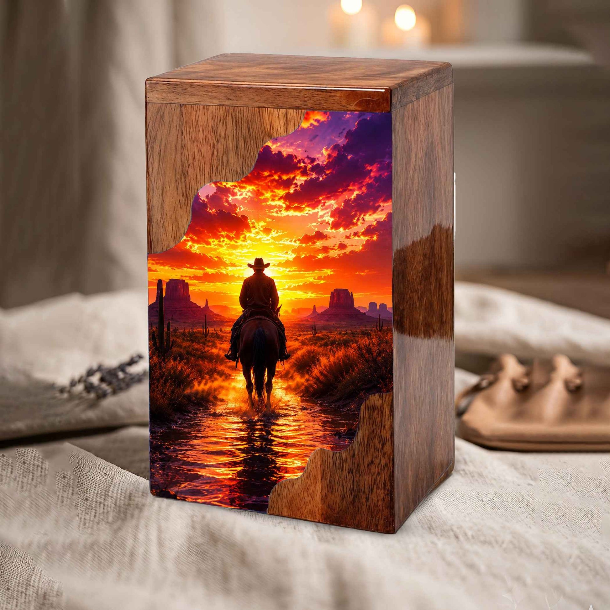Cowboy Wooden Cremation Urn for Dad | Western Horse Memorial Urn