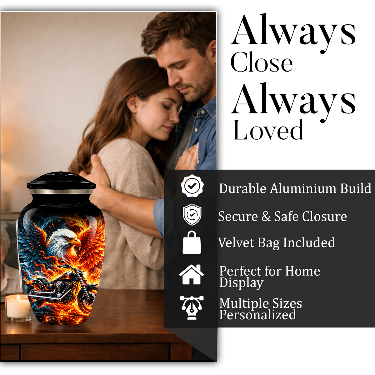 Eagle and Motorcycle Cremation Urn for Adult Ashes, Fiery Phoenix Eagle Biker Urn for Human Ashes