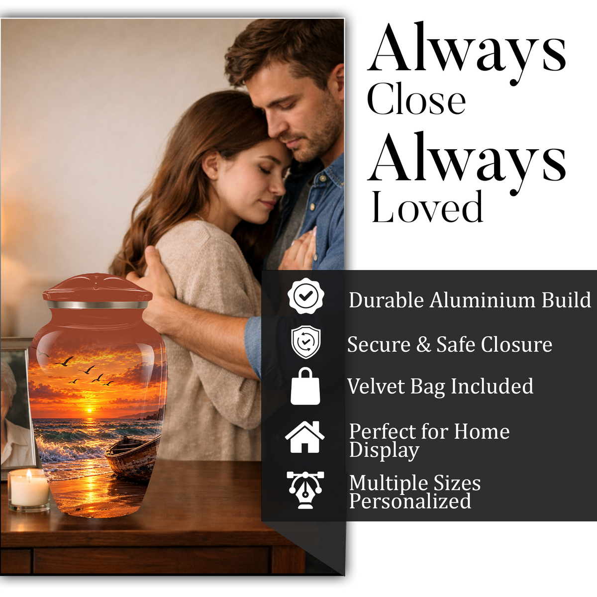 Beach Cremation Urn for Ashes | Ocean Sunset Memorial Urn | Personalized Beach & Ocean Theme Urn