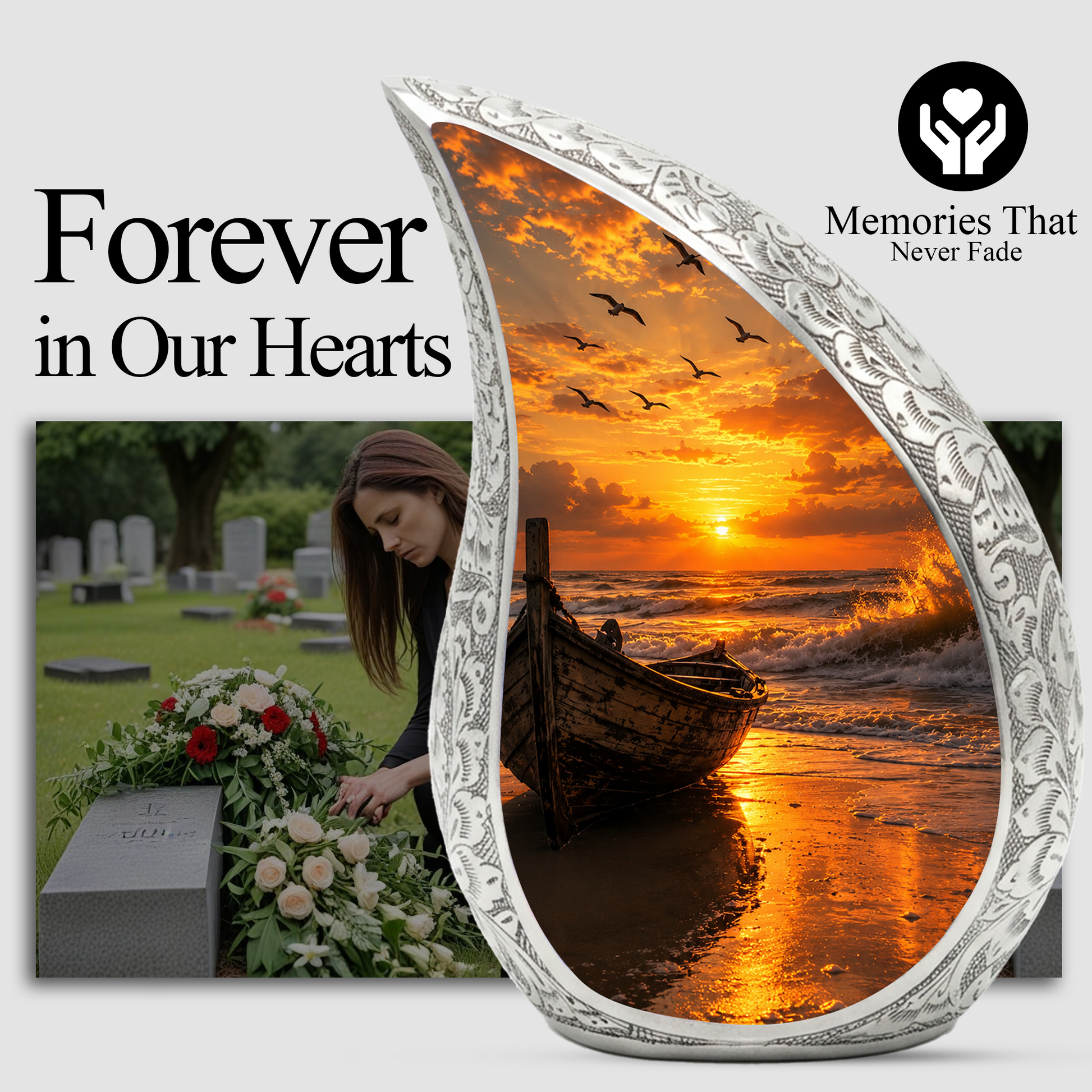 Beach Boat Cremation Urn for Human Ashes | Ocean Sunset Beach Themed Memorial Urn