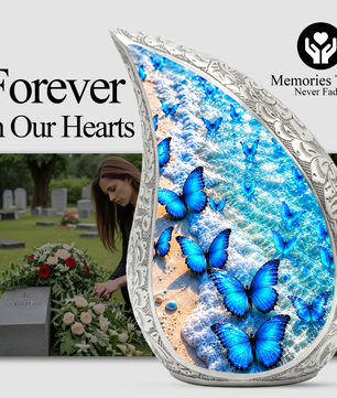 Blue Butterfly Cremation Urn for Adult Ashes, Beach Memorial Urn, Ocean Butterfly Urn for Ashes