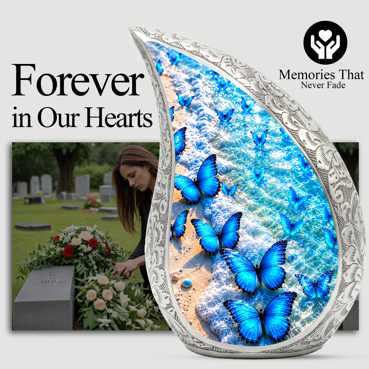 Blue Butterfly Cremation Urn for Adult Ashes, Beach Memorial Urn, Ocean Butterfly Urn for Ashes