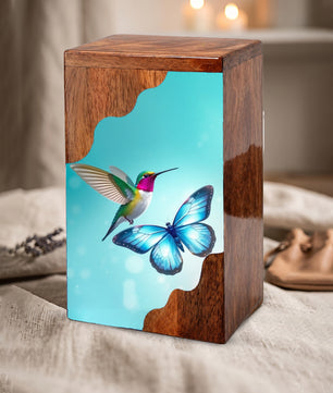 Hummingbird & Blue Butterfly Wooden Cremation Urn – Symbolic Memorial Wooden Urn for Human Ashes