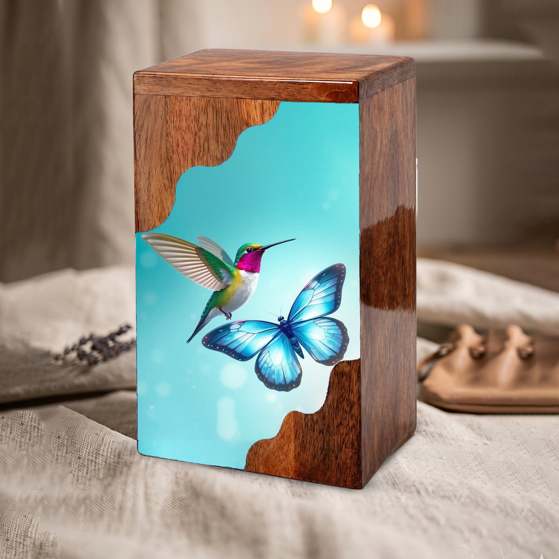 Hummingbird & Blue Butterfly Wooden Cremation Urn – Symbolic Memorial Wooden Urn for Human Ashes