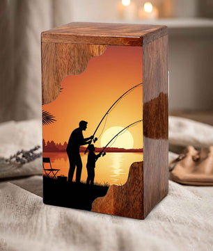 Golden Sunset Fishing Wooden Cremation Urn – Gone Fishing Memorial Wooden Urn for Human Ashes