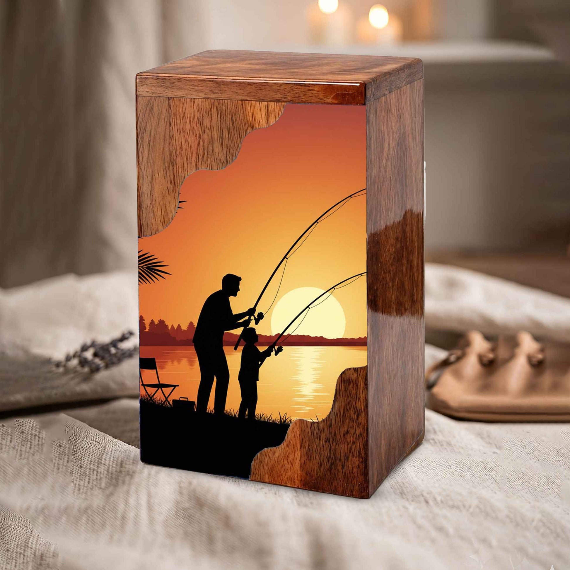 Golden Sunset Fishing Wooden Cremation Urn – Gone Fishing Memorial Wooden Urn for Human Ashes