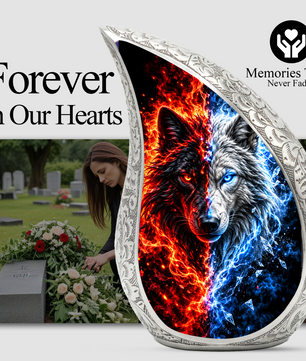 Fire and Ice Wolf Cremation Urn for Ashes, Dual Wolf Memorial Urn, Personalized Adult Cremation Urn