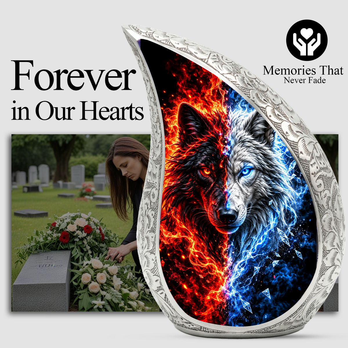 Fire and Ice Wolf Cremation Urn for Ashes, Dual Wolf Memorial Urn, Personalized Adult Cremation Urn