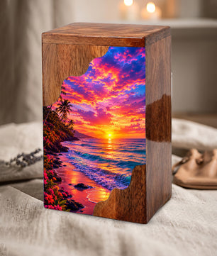 Sunset Beach Wooden Cremation Urn – Ocean Sunset Memorial Urn for Human Ashes