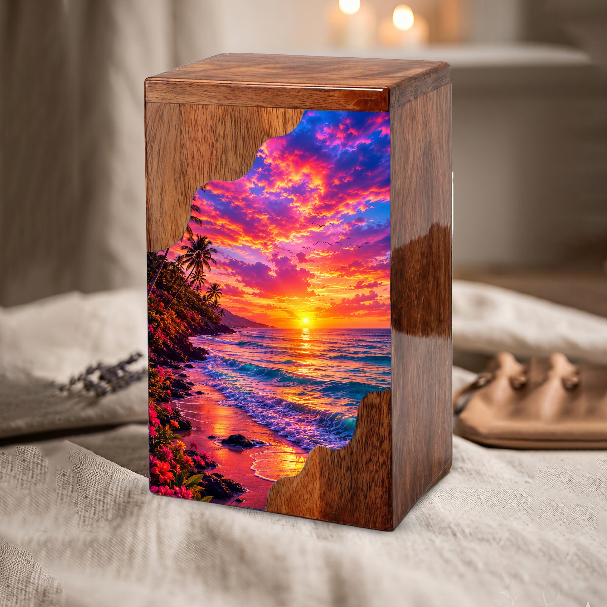 Sunset Beach Wooden Cremation Urn – Ocean Sunset Memorial Urn for Human Ashes