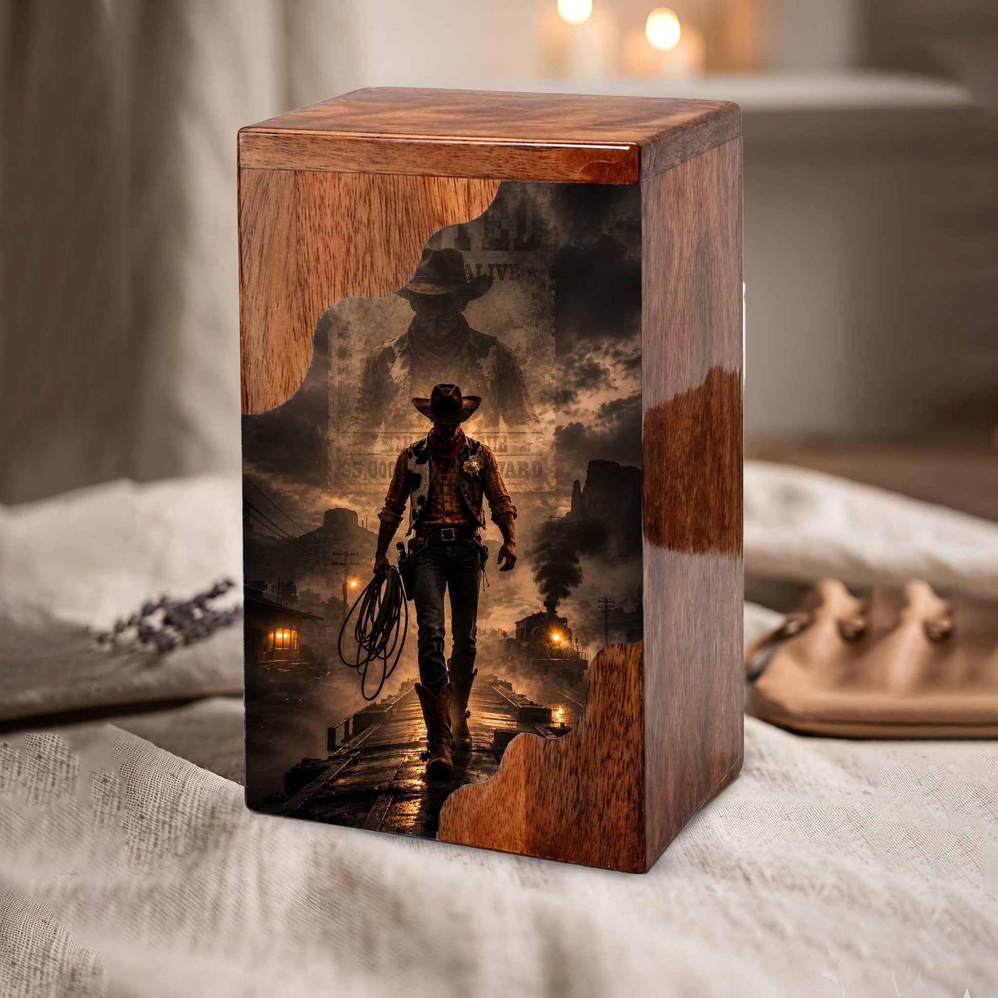 Cowboy Wooden Cremation Urn for Human Ashes | Personalized Western Memorial Urn