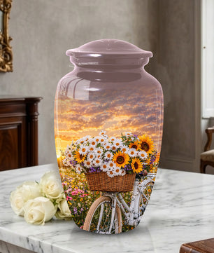 Flower Urn for Mom, Floral Cremation Large Urn for Ashes, Daisy & Sunflower Memorial Urn for Women