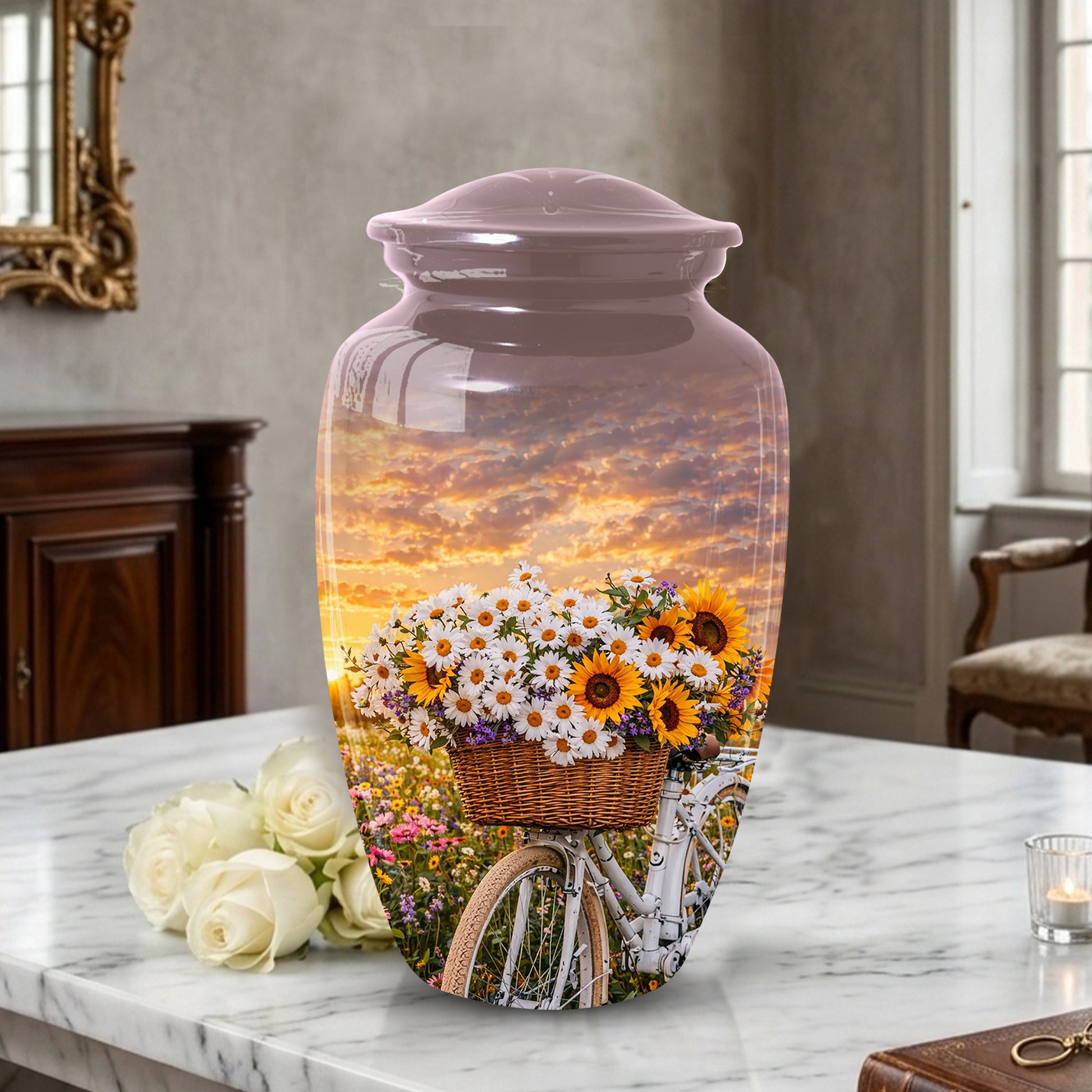Flower Urn for Mom, Floral Cremation Large Urn for Ashes, Daisy & Sunflower Memorial Urn for Women