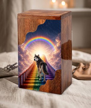 Personalized Husky Dog Urn for Ashes, Rainbow Bridge Wooden Cremation Urn
