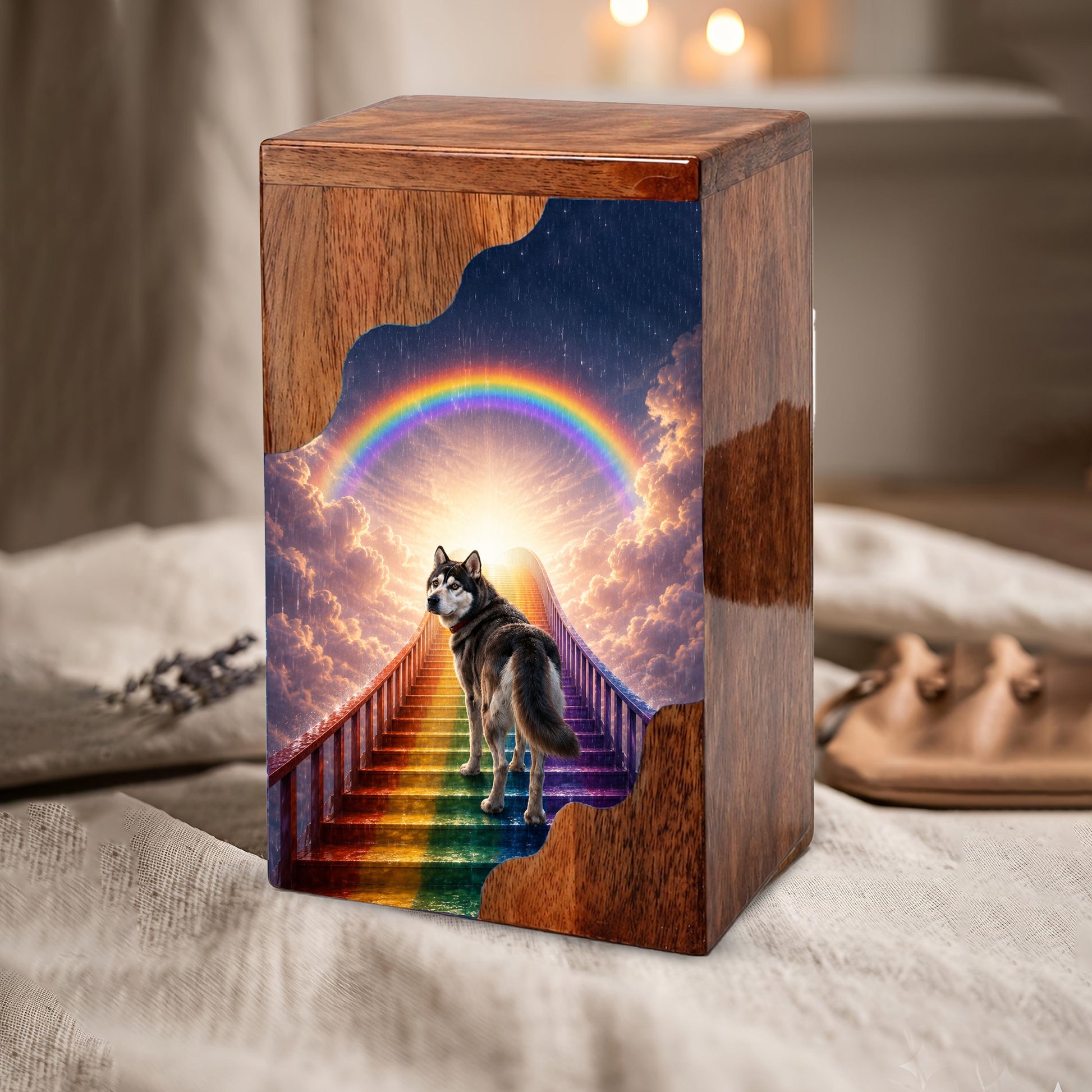 Personalized Husky Dog Urn for Ashes, Rainbow Bridge Wooden Cremation Urn