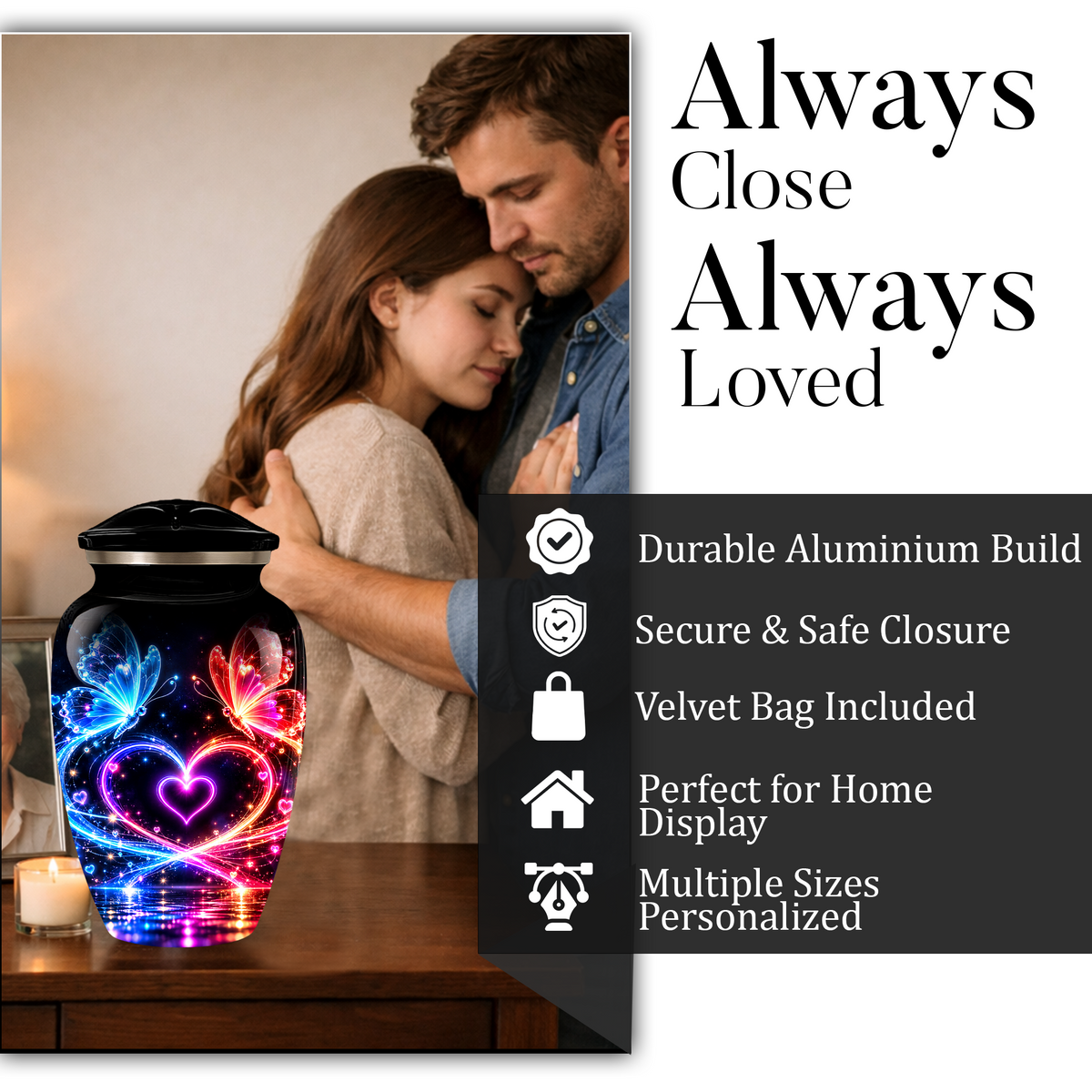 Personalized Butterfly Cremation Urn for Ashes, Heart Memorial Adult Urn, Blue and Red Cremation Urn