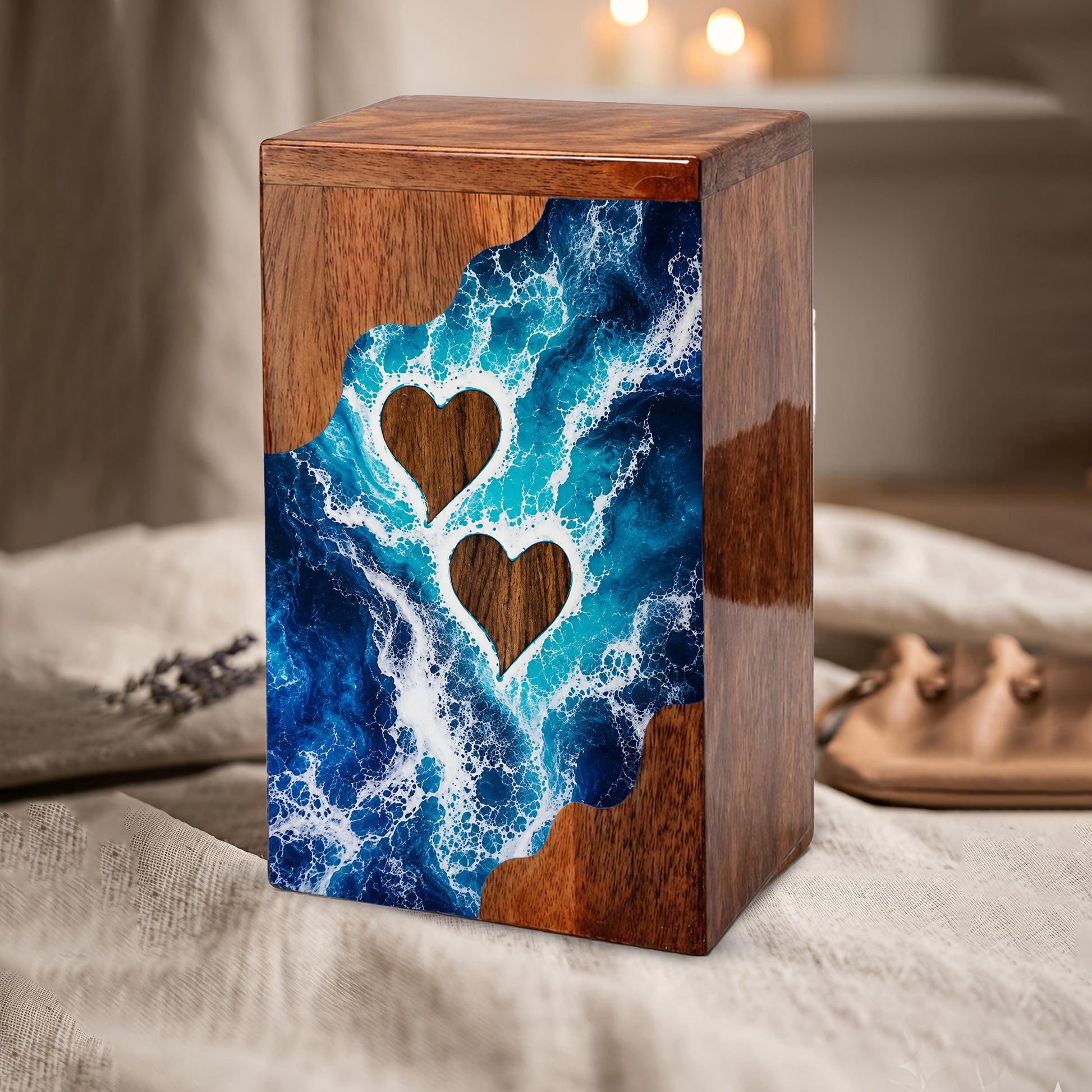 Ocean Heart Wooden Cremation Urn – Wooden Urn for Human Ashes