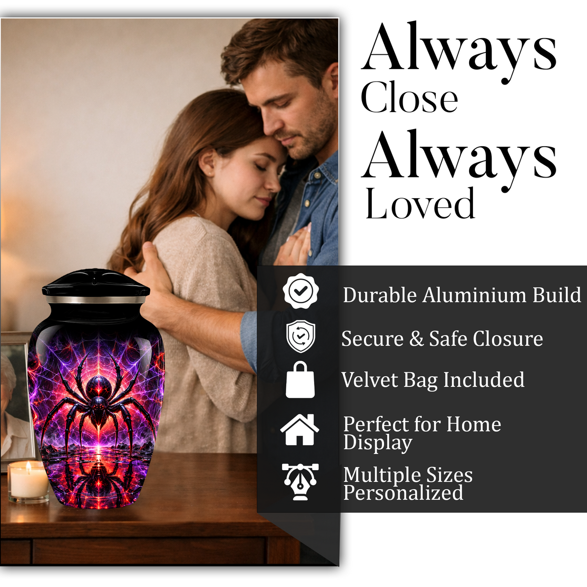 Black Spider Cremation Urn – Gothic Spider Web Adult Memorial Urn for Ashes