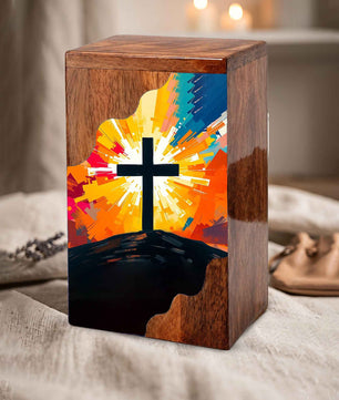 Wooden Cremation Urn – Radiant Cross Memorial Urn | Christian Wooden Urn for Ashes